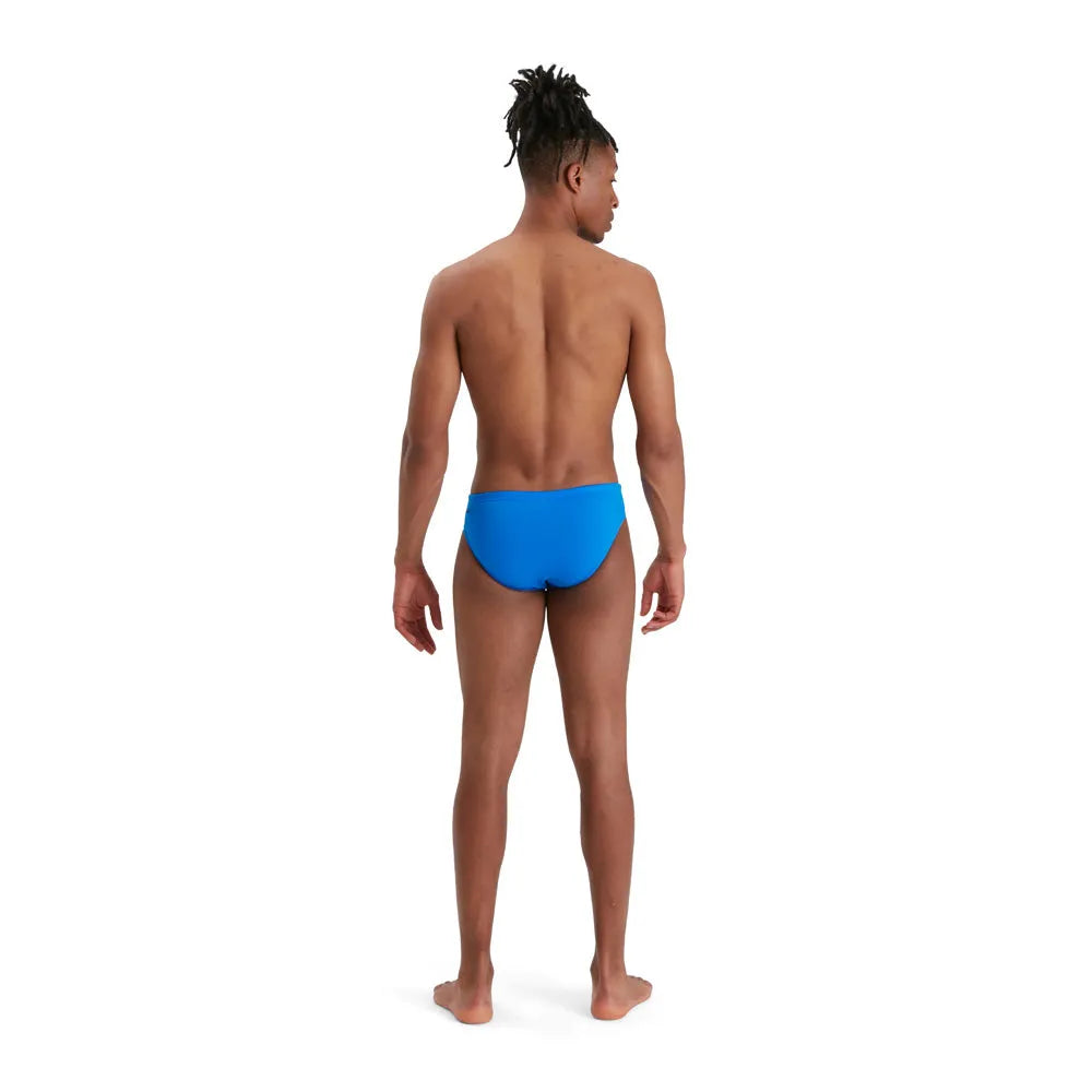 Blue Speedo Eco Men's Endurance+ 7cm Briefs with a snug fit and comfortable waistband, suitable for swimming and active wear.