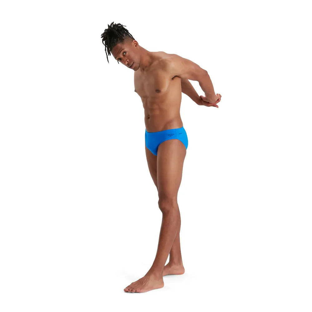 Blue Speedo Eco men's Endurance+ 7cm briefs, swimwear designed for comfort and durability, featuring a snug fit and streamlined style.