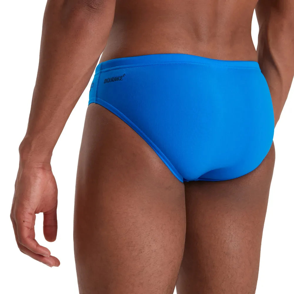 Blue Speedo Eco Men's Endurance+ 7cm Briefs, snug fit swimwear with quick-drying fabric and comfortable waistband.