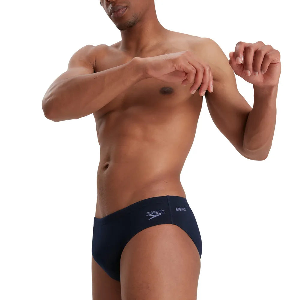 Speedo men's Eco Endurance+ 7cm swim briefs in blue, featuring a snug fit and durable fabric for swimming and training.