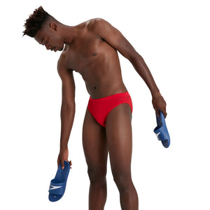 Red Speedo men's Eco Endurance+ 7cm briefs with a snug fit and elastic waistband, designed for swimming and water sports.