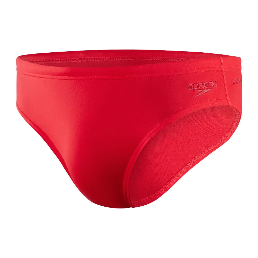 Red Speedo men's Eco Endurance+ 7cm briefs, showcasing the comfortable, form-fitting swimwear with a sleek design.