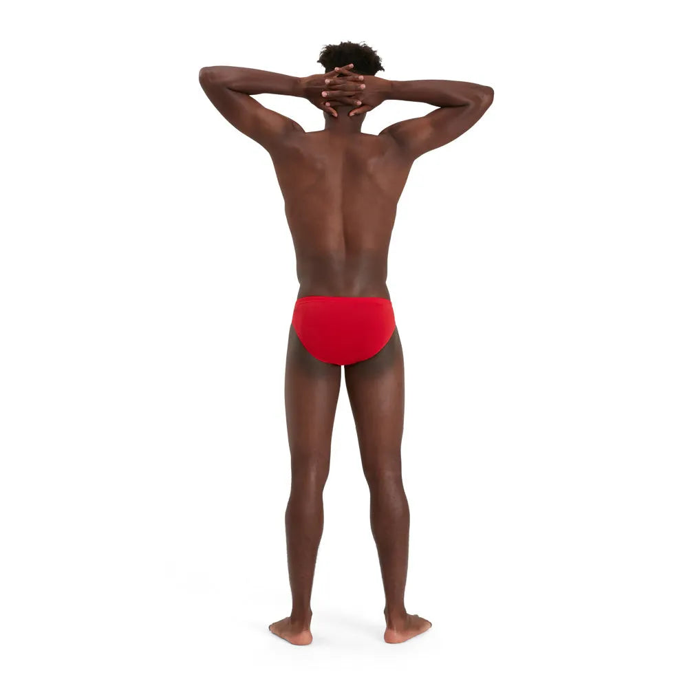 Red Speedo men's Eco Endurance+ 7cm brief, swimwear with a snug fit, made from durable, eco-friendly fabric.