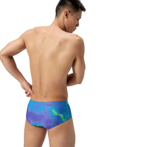 Speedo men's ML printed briefs in Under Current/Sugar Blue with 13.5cm cut, featuring vibrant aquatic design and comfortable fit.