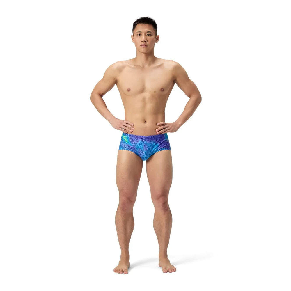 Speedo men's ML printed 13.5cm briefs in Under Current and Sugar Blue with colorful geometric pattern.