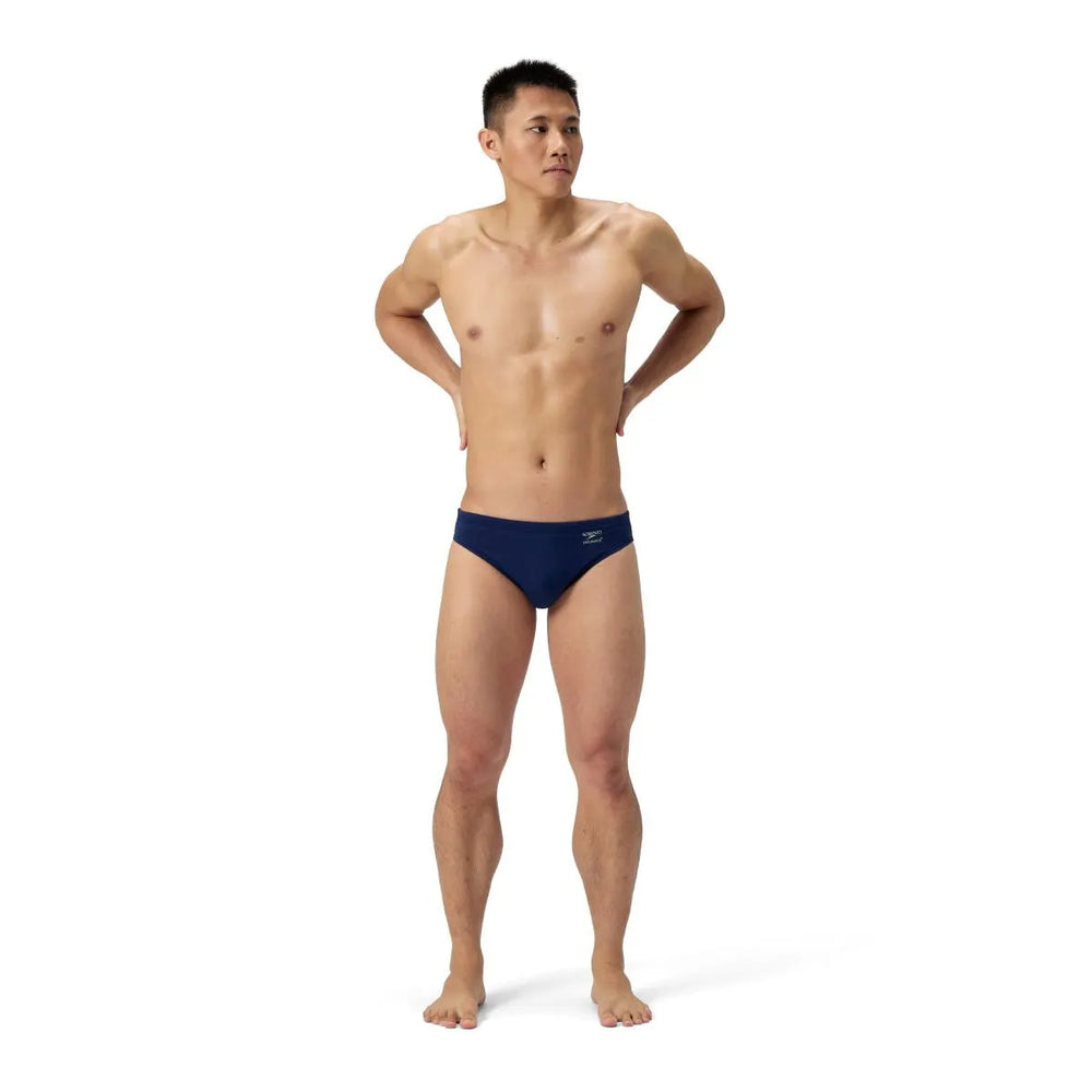 Speedo men's ML Solid Brief in Team Navy, navy blue swim briefs with a snug fit, designed for comfort and performance.