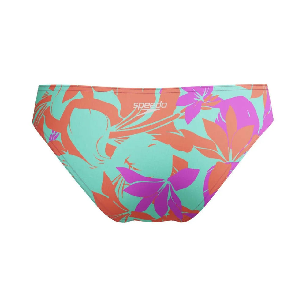 Speedo women's allover digital hipster briefs in multi-color, featuring a comfortable fit and vibrant pattern for female swimwear.