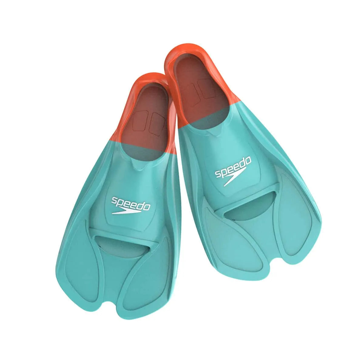 Speedo Biofuse Training Fin in Arctic Glass and Volcanic Orange, showing the fin's textured design and bright color scheme.