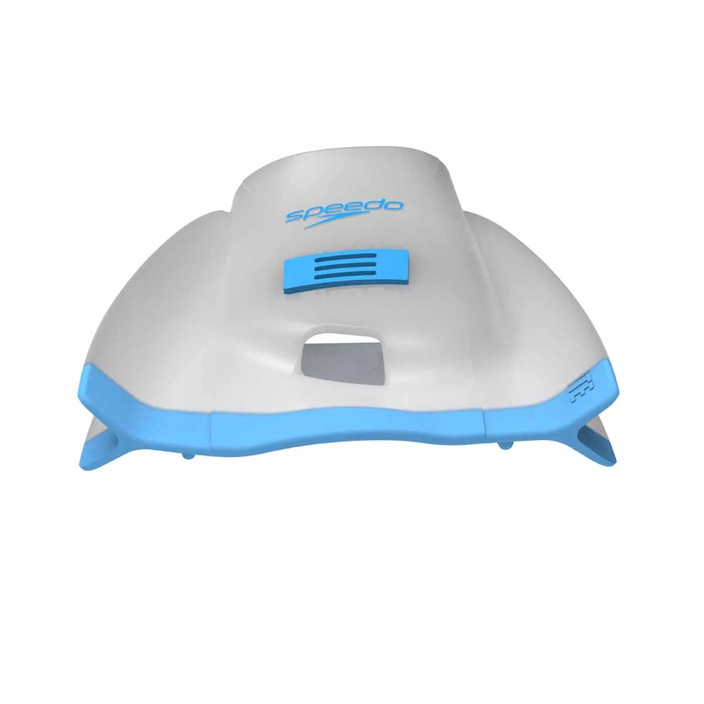 Blue Speedo DMC Elite fins designed for swimming, showing lightweight, streamlined fins with textured foot pockets.