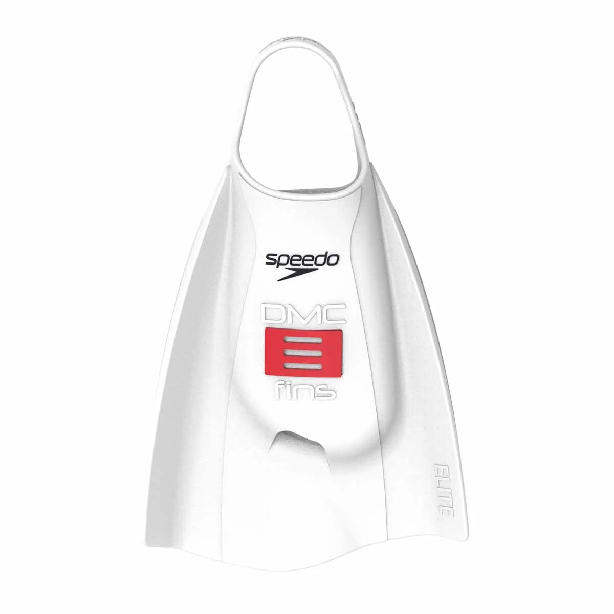 White Speedo DMC Elite fins for swimming, showing the lightweight design and adjustable foot pocket for comfortable fit.