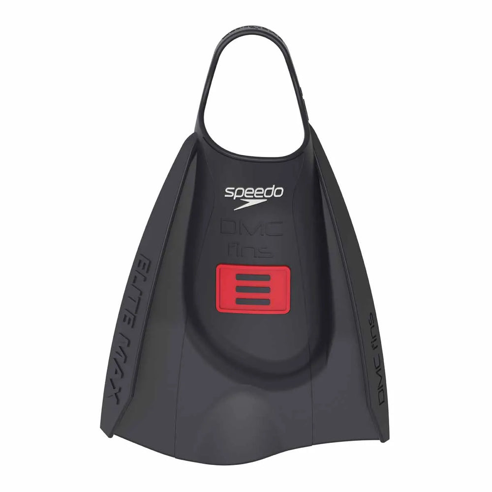 Speedo DMC Elite Max Fins in black, designed for swimming, shown in a close-up image highlighting the fin's shape and material.