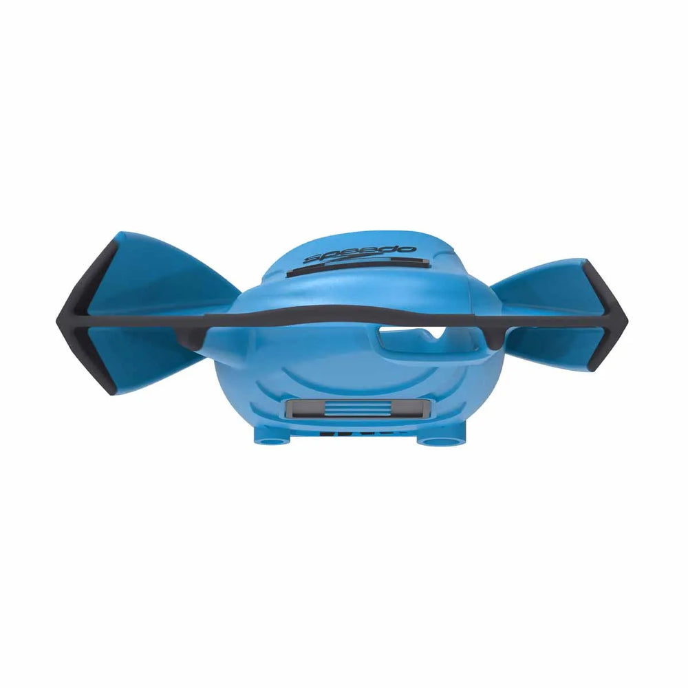 Blue Speedo DMC Elite Max fins, designed for swimming, with adjustable foot pockets and streamlined fin blades for powerful kicks.