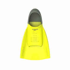 Yellow Speedo DMC Original Fins designed for swimming, featuring a sleek fin shape and adjustable foot pocket for comfortable fit.