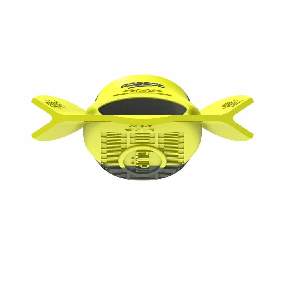 Yellow Speedo DMC Original fins designed for swimming, shown in a close-up image highlighting their lightweight, flexible design.