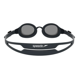Black Speedo Hydropure Optical Goggle with clear lenses, adjustable strap, designed for comfortable swimming and enhanced vision.