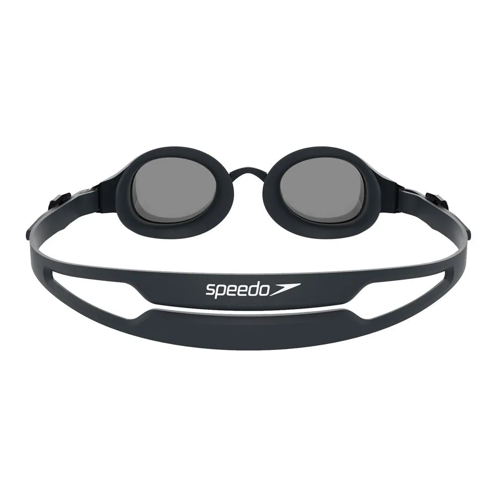 Black Speedo Hydropure Optical Goggle with clear lenses, adjustable strap, designed for comfortable swimming and enhanced vision.