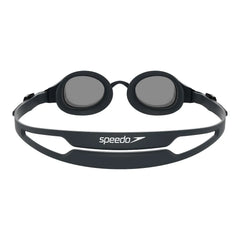 Black Speedo Hydropure Optical Goggle with clear lenses, adjustable strap, designed for comfortable swimming and enhanced vision.
