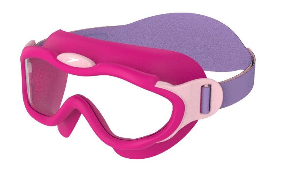 Pink Speedo Sea Squad Biofuse infant goggles with soft silicone seal and adjustable strap for comfortable fit and clear underwater vision.