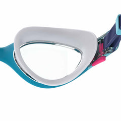 Speedo Women's Biofuse 2.0 goggles in blue with clear lenses, adjustable straps, designed for comfortable swimming.
