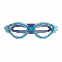 Speedo Women's Biofuse 2.0 swimming goggles in blue with clear lenses and adjustable strap for comfortable fit.