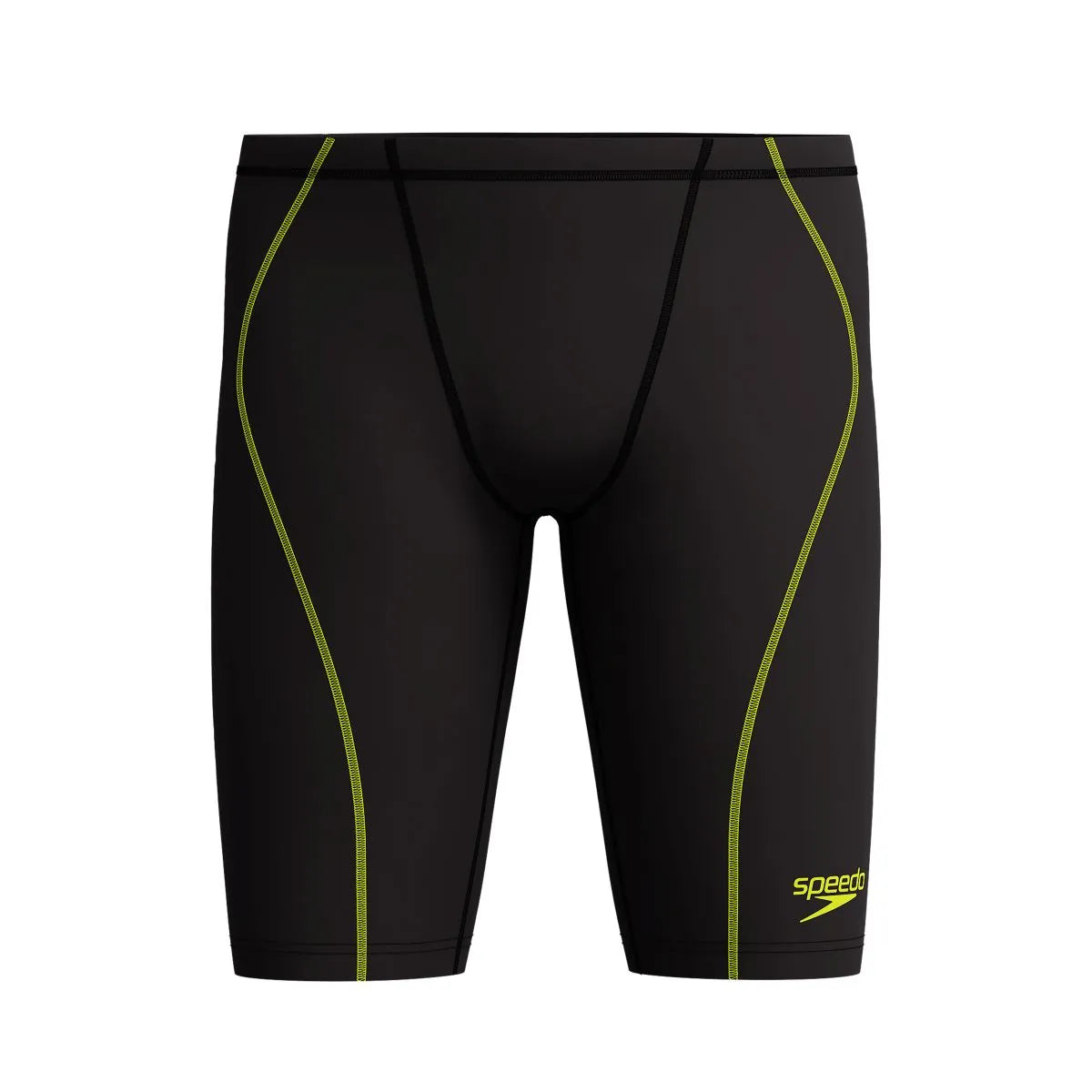 Speedo men's Fastskin HyperSpark solid jammer in black, designed for competitive swimming, showing the sleek, form-fitting swimwear.