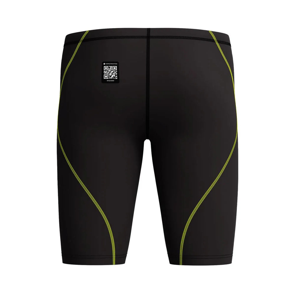 Black Speedo Men's Fastskin HyperSpark solid jammer for competitive swimming, designed for optimal performance and comfort.