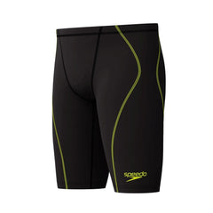 Speedo men's Fastskin HyperSpark solid black jammer swimming suit for boys aged 18-8 years, close-up view of the product.
