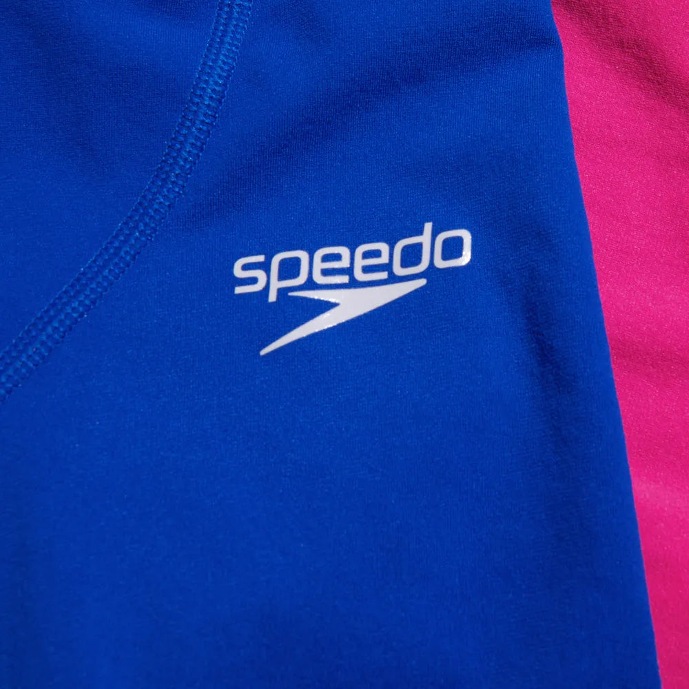 Speedo Fastskin Junior Endurance+ high-waisted jammer in cobalt pop, green glow, and orchid shine with a vibrant, colorful design.