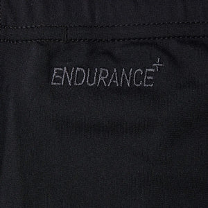 Speedo men's Eco Endurance+ jammer swimwear, close-up view showing black fabric with Speedo logo for competitive swimming