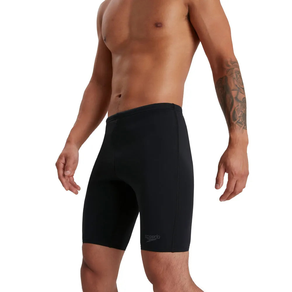 Speedo men's Eco Endurance+ swim jammers in dark blue, featuring a snug fit and durable fabric for competitive swimming.