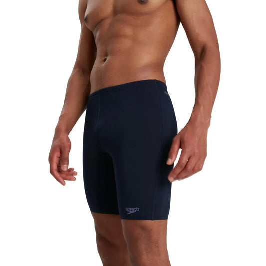 Speedo men's Eco Endurance+ navy blue jammer swimwear, close-up of fitted swim jammer with Speedo branding. 1000