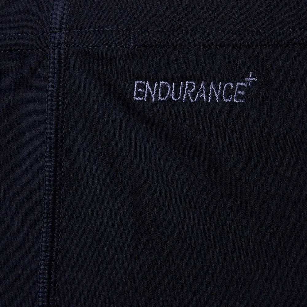 Speedo men's Eco Endurance+ navy blue jammer swimwear, close-up view of the fitted swim jammers with brand logo.
