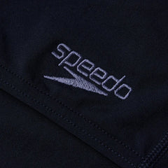 Speedo men's Eco Endurance+ jammer in navy blue, close-up of fitted swim jammers with Speedo branding and durable fabric.