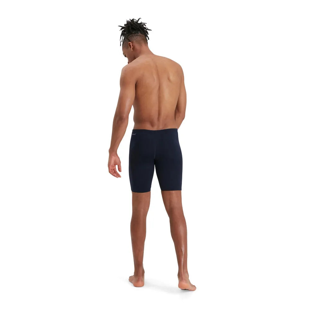 Speedo men's Eco Endurance+ navy blue jammer swimwear, close-up showing durable fabric and snug fit for competitive swimming