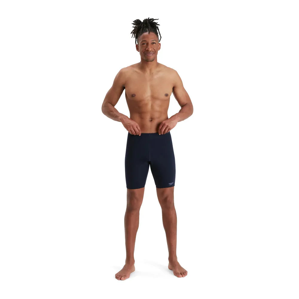 Speedo men's Eco Endurance+ navy blue jammer swimwear, close-up of sleek, fitted swim jammers with Speedo branding.