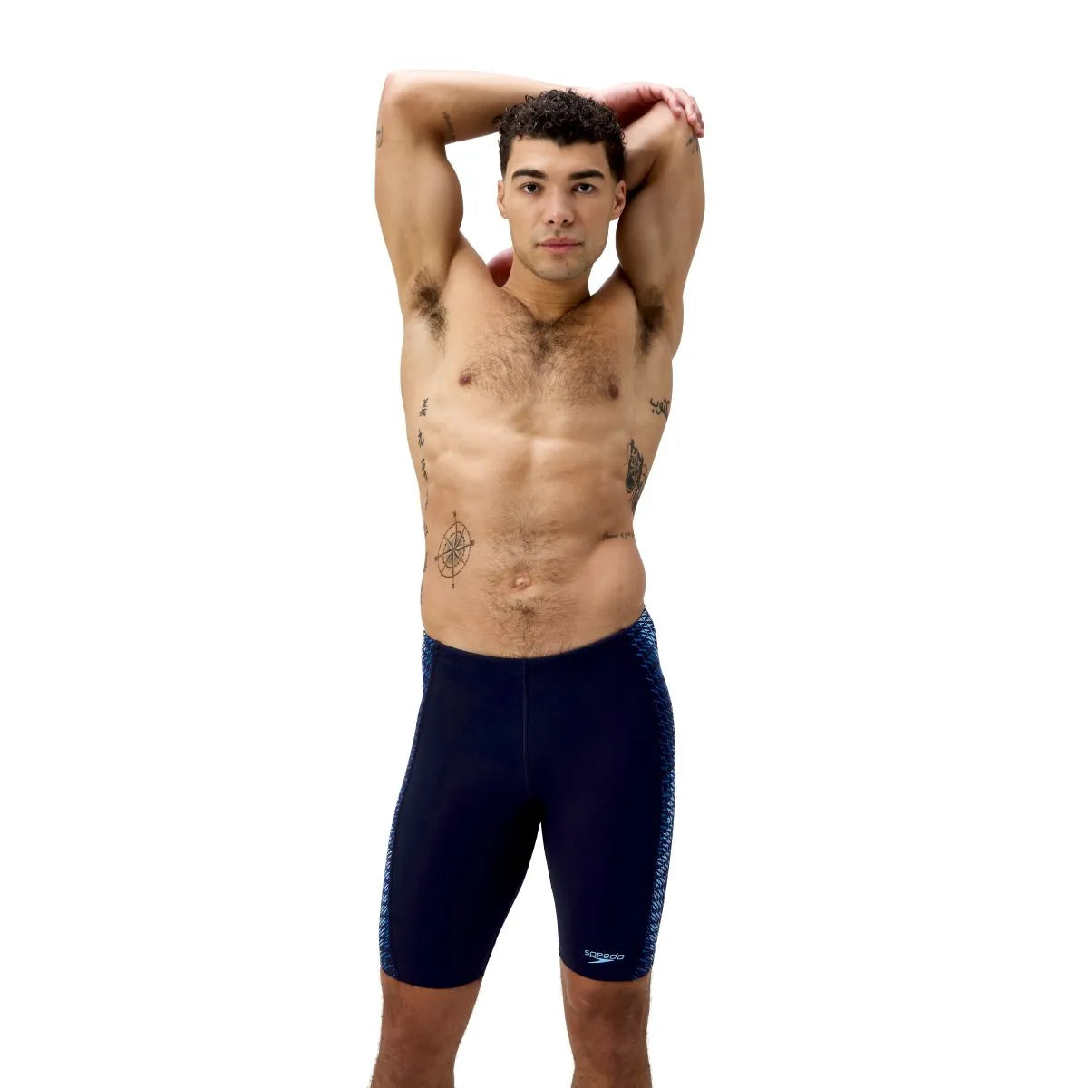 Speedo men's End+ Tech Panel Jammers in navy and sugar blue, designed for competitive swimming and training.