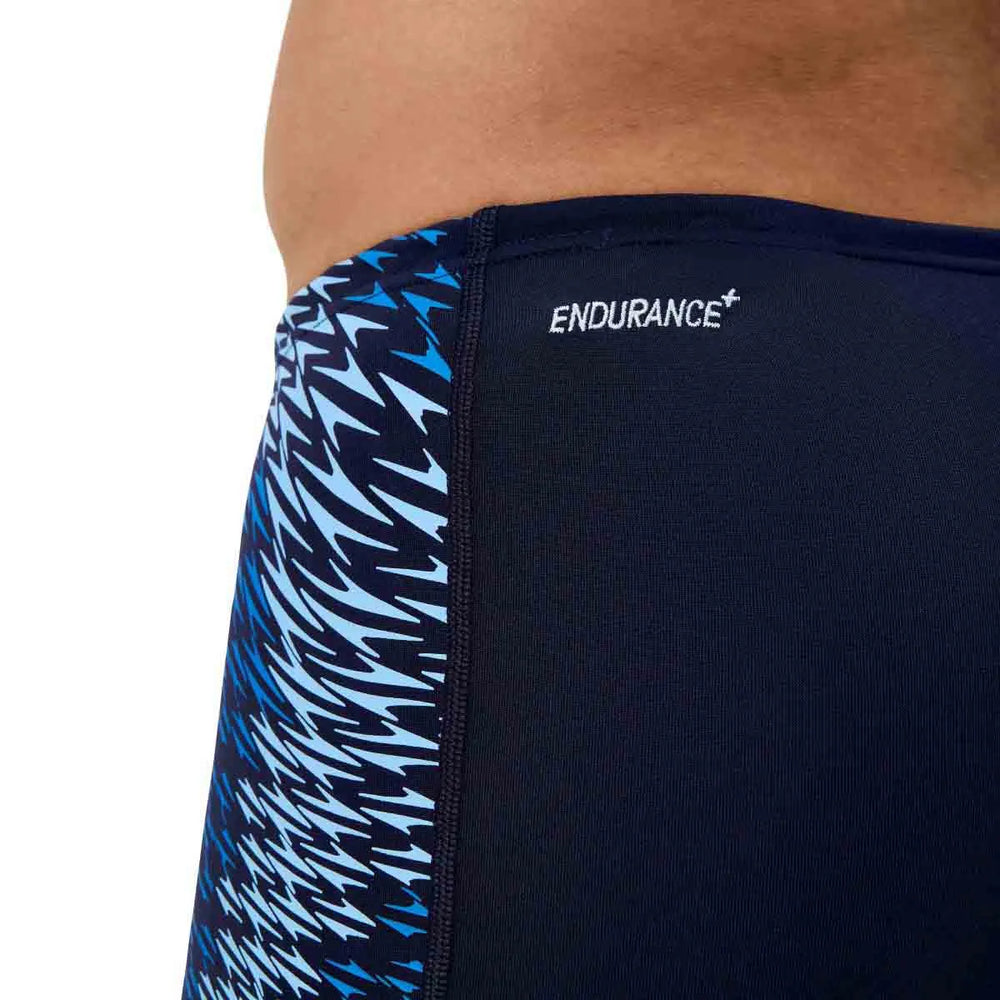 Speedo men's End+ Tech Panel jammer in navy and sugar blue, with sleek design and athletic fit for competitive swimming.