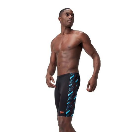 Speedo men's HyperBoom panel jammer swimsuit in black, Picton Blue, and Siren Red, designed for competitive swimming. 1200
