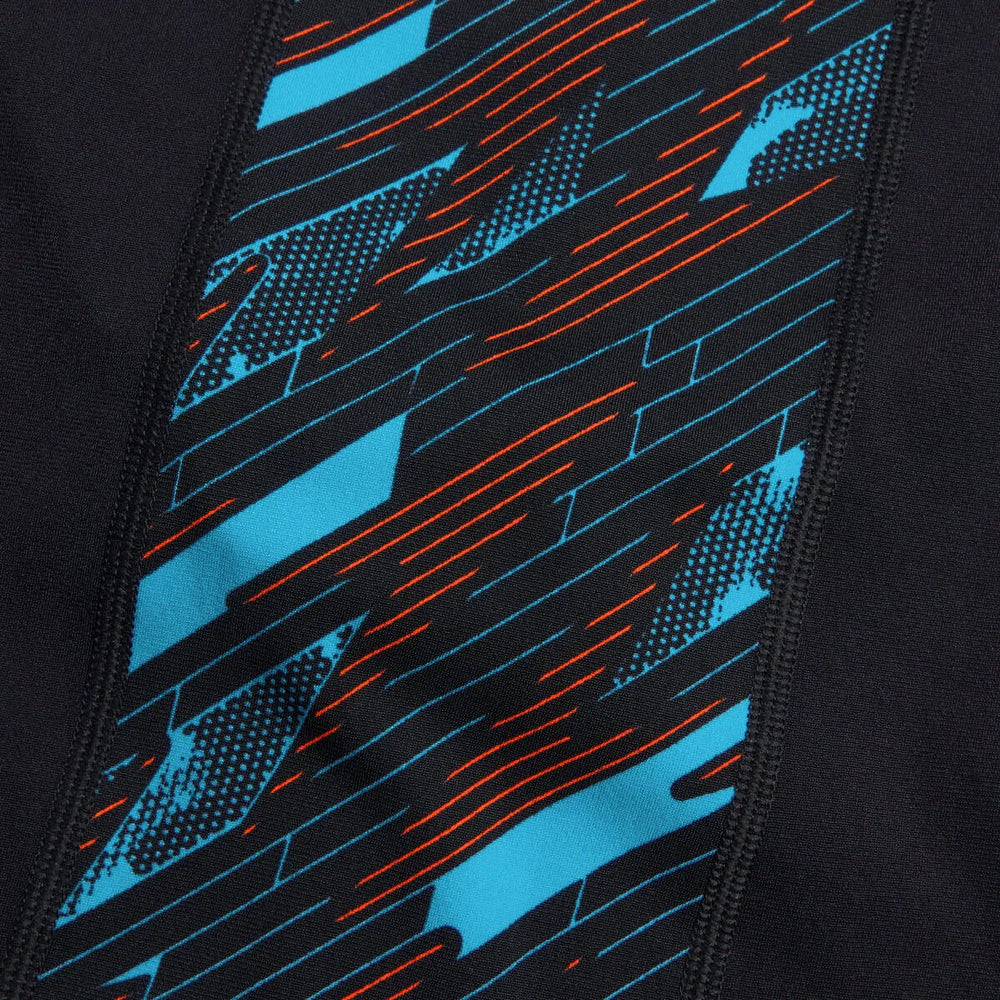 Speedo men's HyperBoom Panel jammer in black with Picton Blue and Siren Red color panels, designed for competitive swimming.