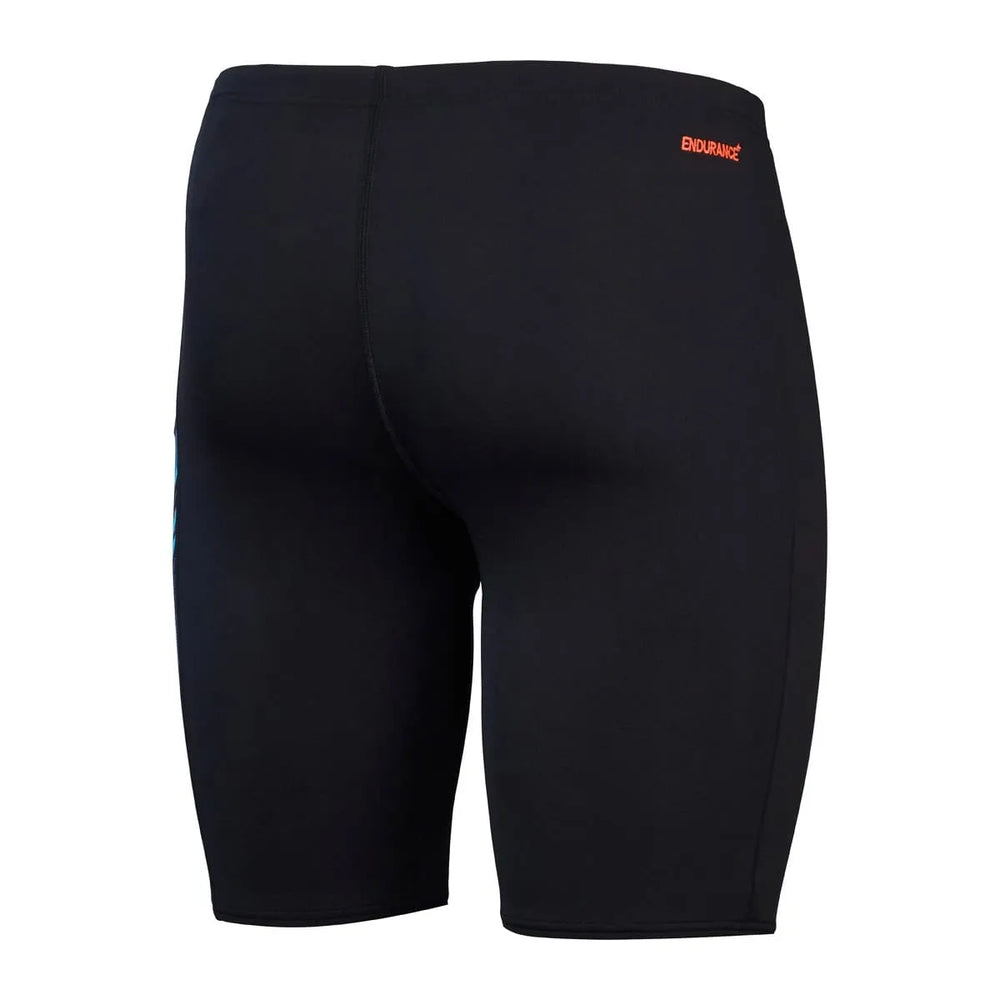Speedo men's HyperBoom panel jammer swimwear in black, Picton Blue, and Siren Red with sleek design and athletic fit.