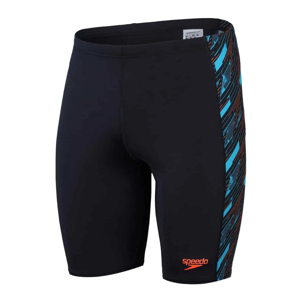 Speedo men's HyperBoom panel jammer swimwear in black with Picton blue and Siren red panels, designed for competitive swimming.