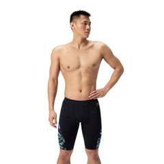 Speedo men's ML printed side spliced jammer with floral glitch design in black, designed for competitive swimming and active wear.