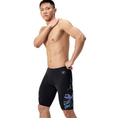 Speedo men's ML printed side spliced jammer with floral glitch design in black, designed for competitive swimming