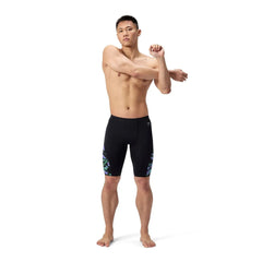 Speedo men's ML printed side spliced jammer with floral glitch design in black, designed for competitive swimming.