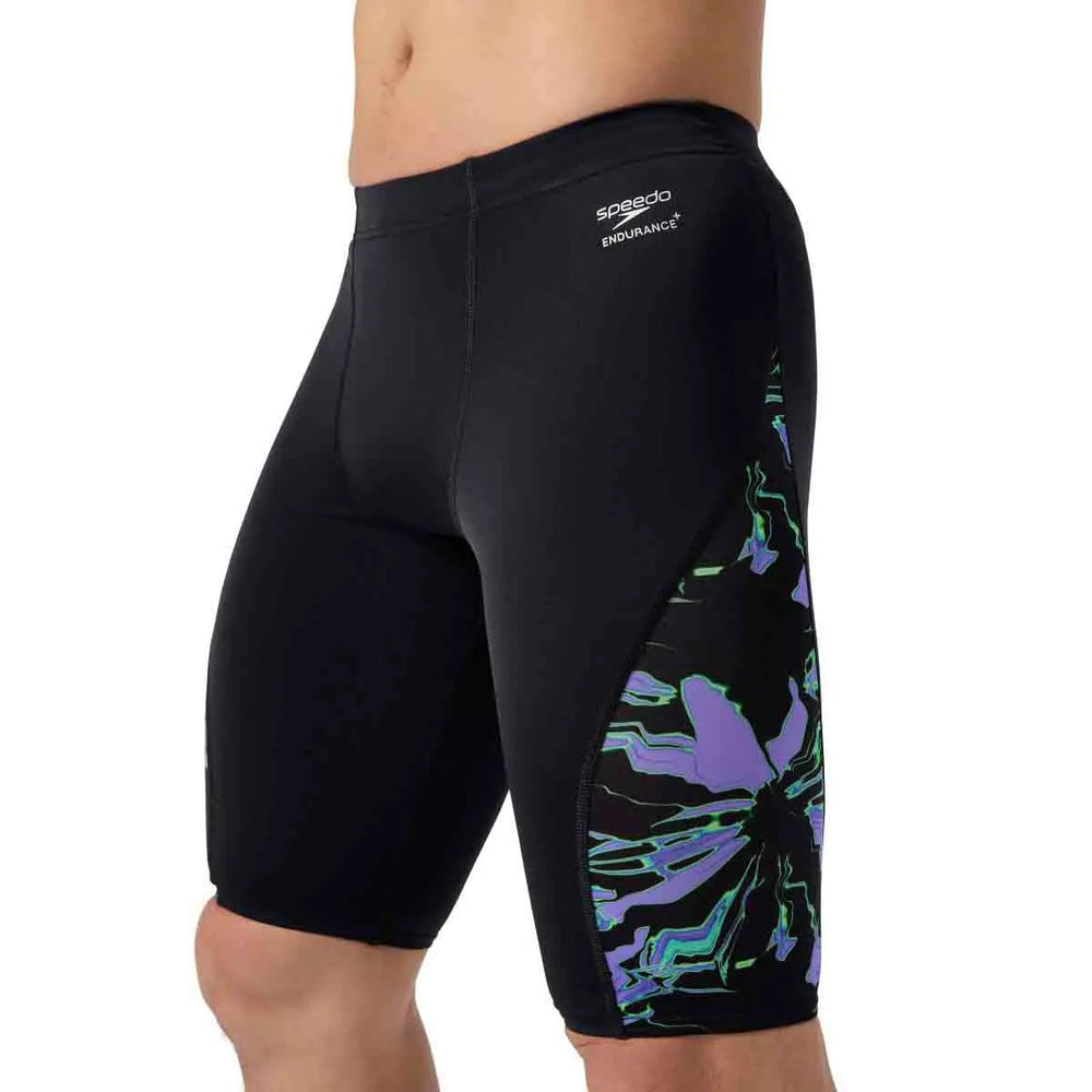 Speedo men's ML printed side spliced jammer with floral glitch pattern in black, designed for competitive swimming.