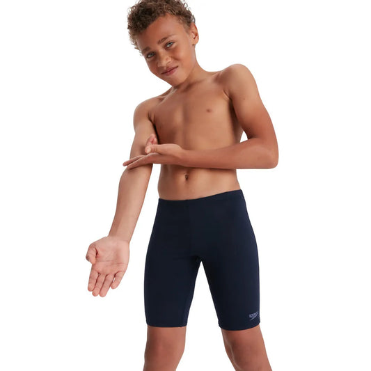 Speedo boys' navy Eco Endurance+ jammer swimwear, close-up of the durable, snug-fitting swim jammer designed for young swimmers. 1000