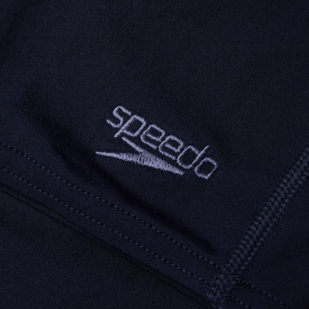 Speedo boys' navy Eco Endurance+ jammer, a durable swim jammer designed for young swimmers, shown in navy fabric with a snug fit.