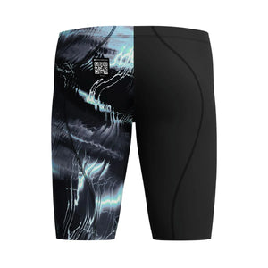 Speedo Boys Fastskin Junior LZR Ignite jammer in electro static and black, designed for young swimmers, close-up of the swimwear fabric.