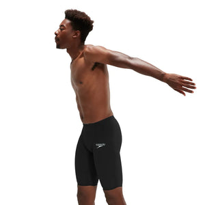 Speedo men's Fastskin LZR Ignite jammer in black, close-up of sleek, form-fitting swimwear designed for competitive swimming.