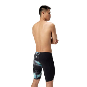 Speedo men's Fastskin LZR Ignite jammer in black and electro static design, showcasing sleek swimwear for competitive swimming.